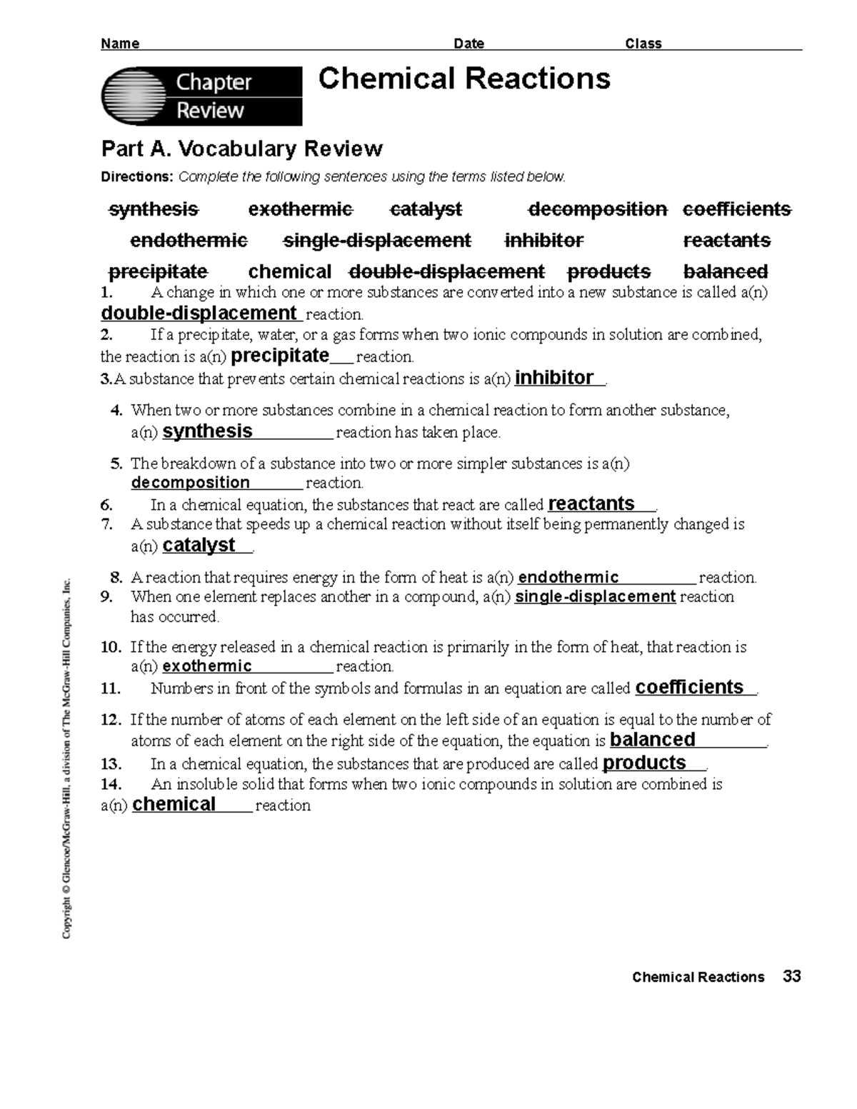 chemical reactions review answer key