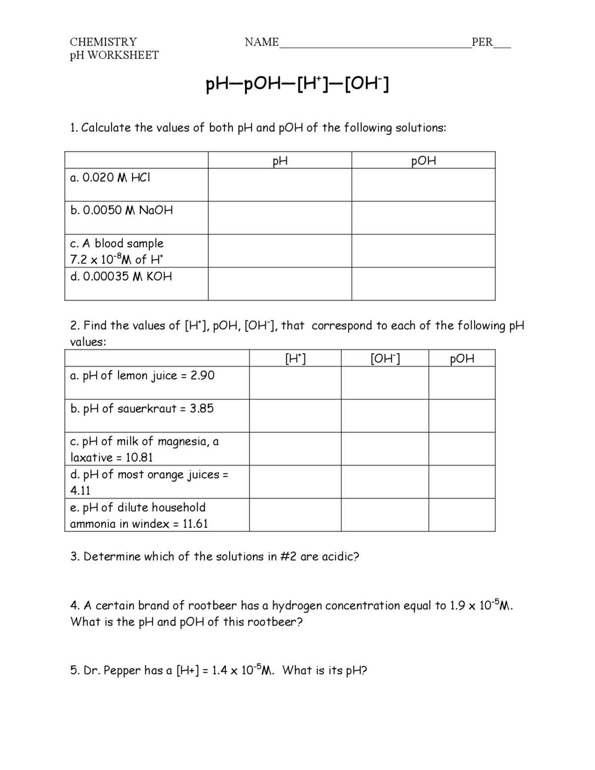 chemistry 12 worksheet 4 3 ph and poh calculations answer key