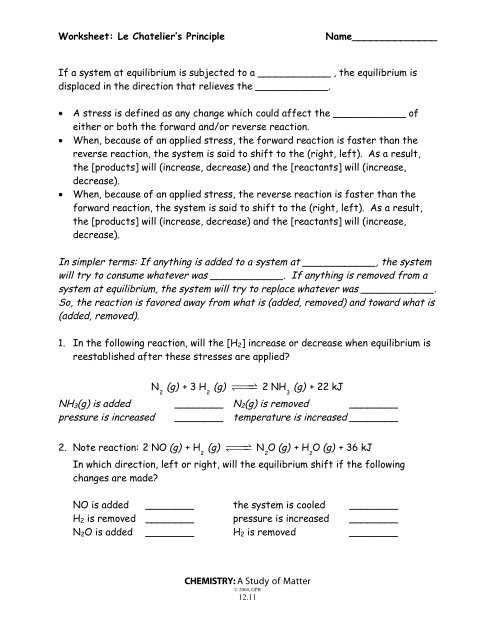 chemistry 18 worksheet 2 2 le chateliers principle answer key