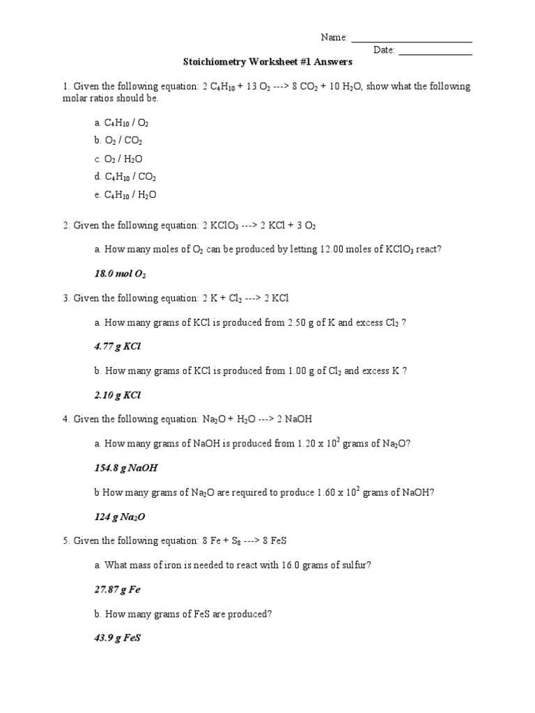 chemistry stoichiometry worksheet answers key