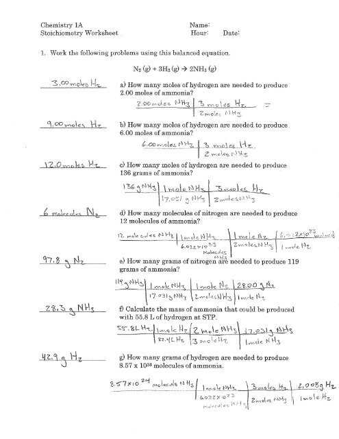 chemistry stoichiometry worksheet answers key