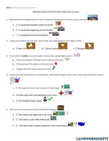 civil war causes worksheet answer brainpop key