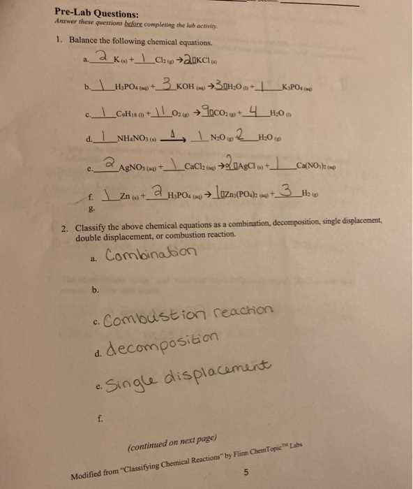 classifying chemical reactions lab answer key