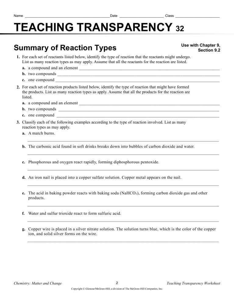 classifying reactions worksheet answer key