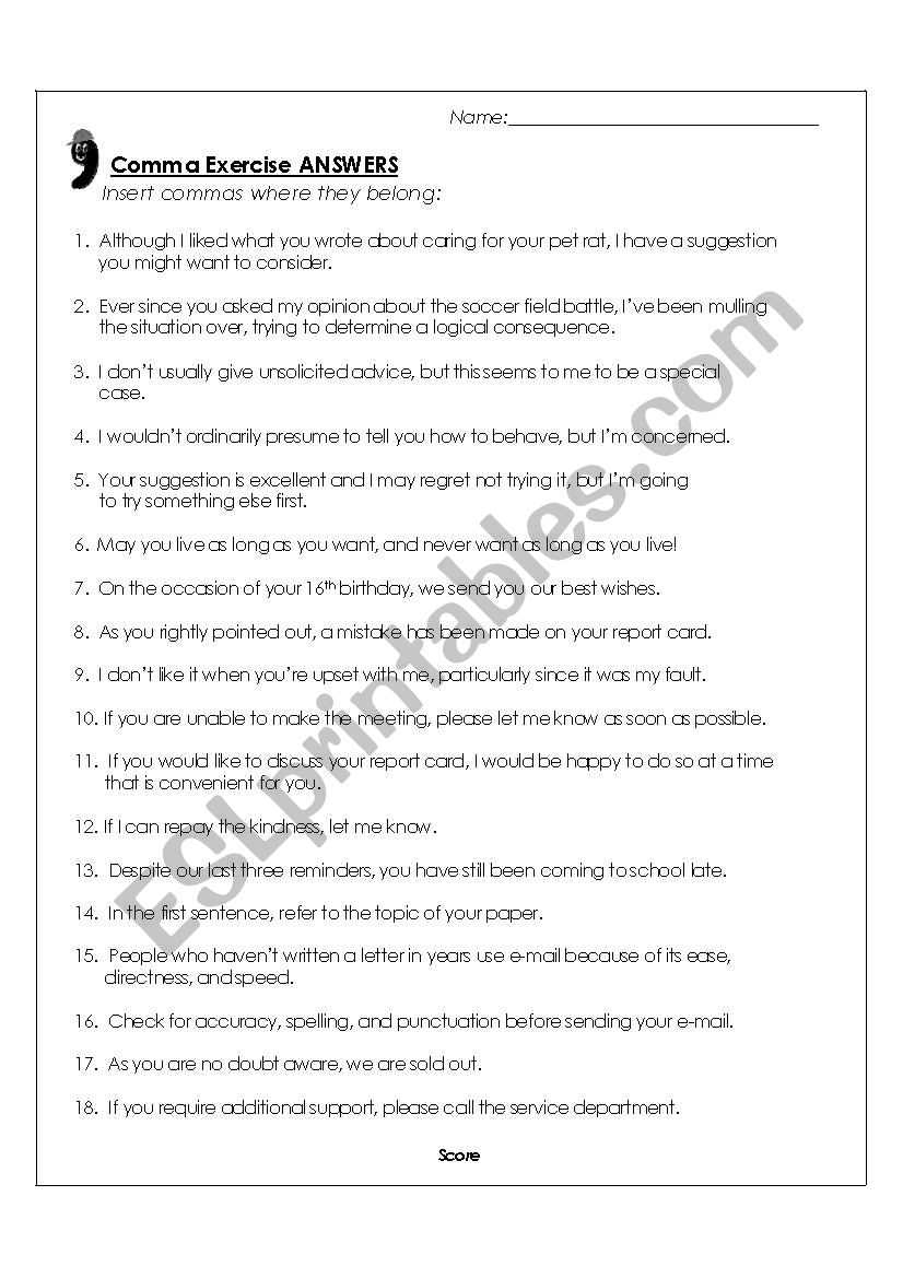comma packet answer key