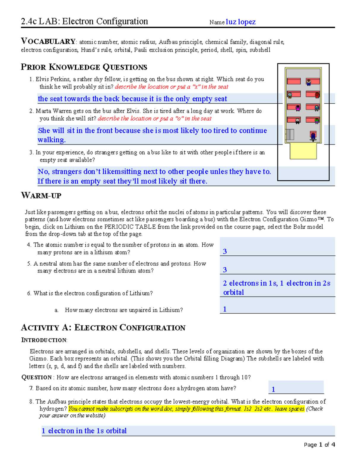 electron orbital activity answer key