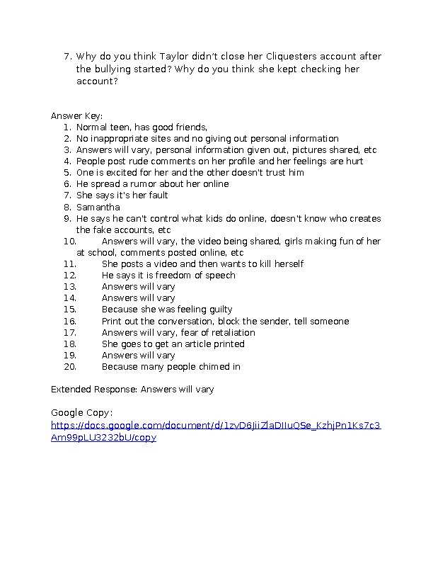cyberbully movie answer key