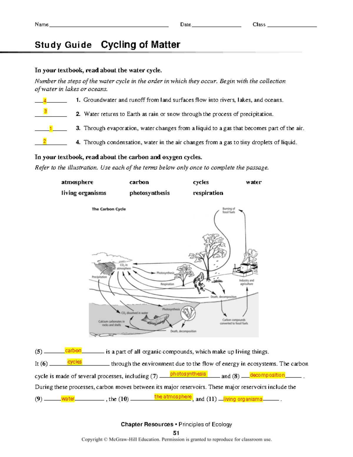 cycling of matter study guide answer key