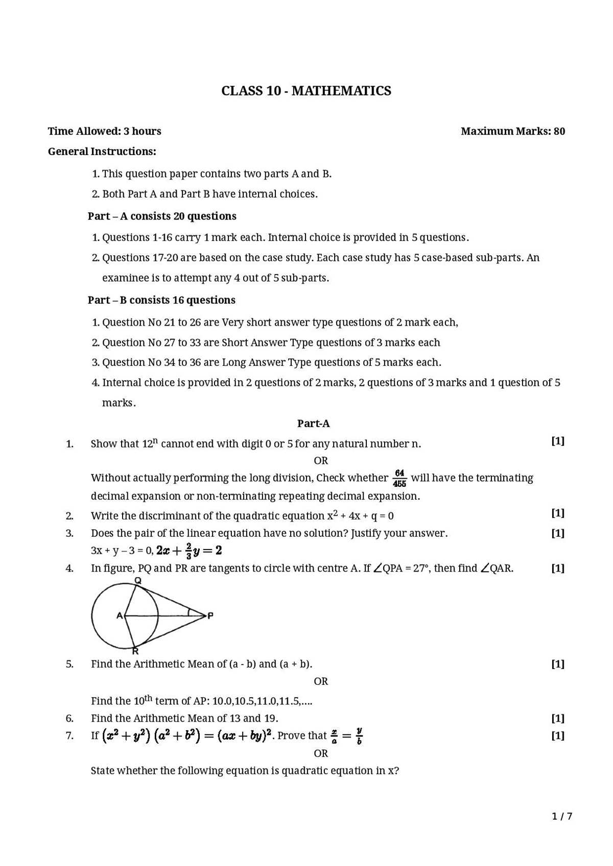 cbse 10th maths question paper with answer key
