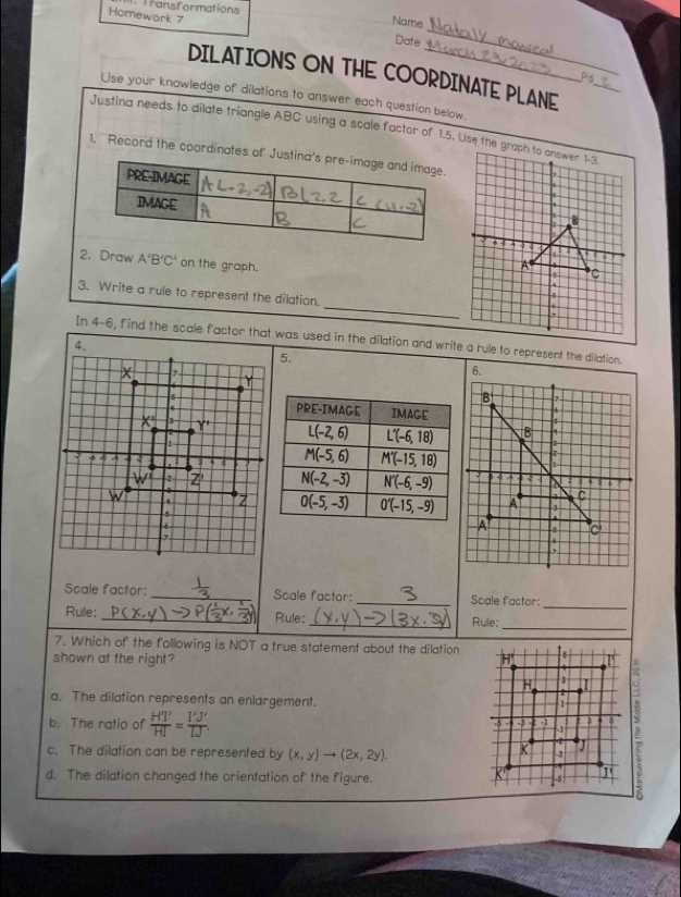 dilations on the coordinate plane homework 7 answer key