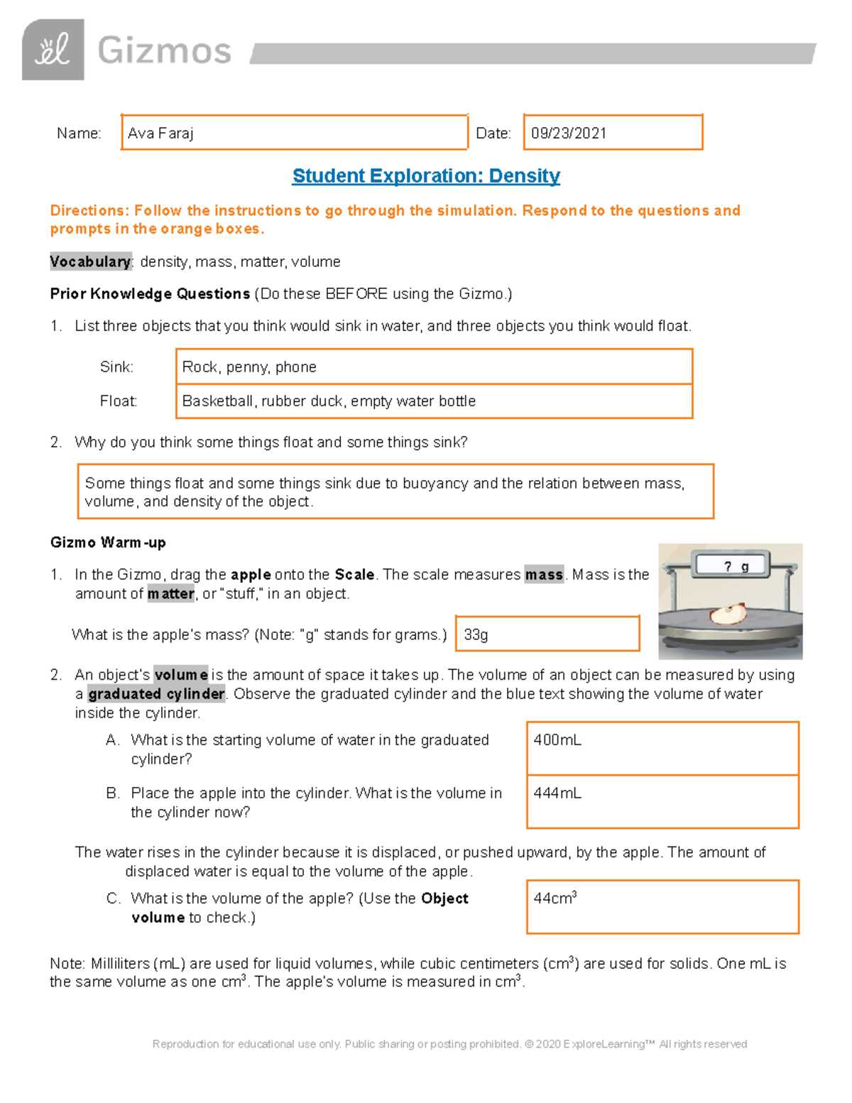 discovering density lab answer key