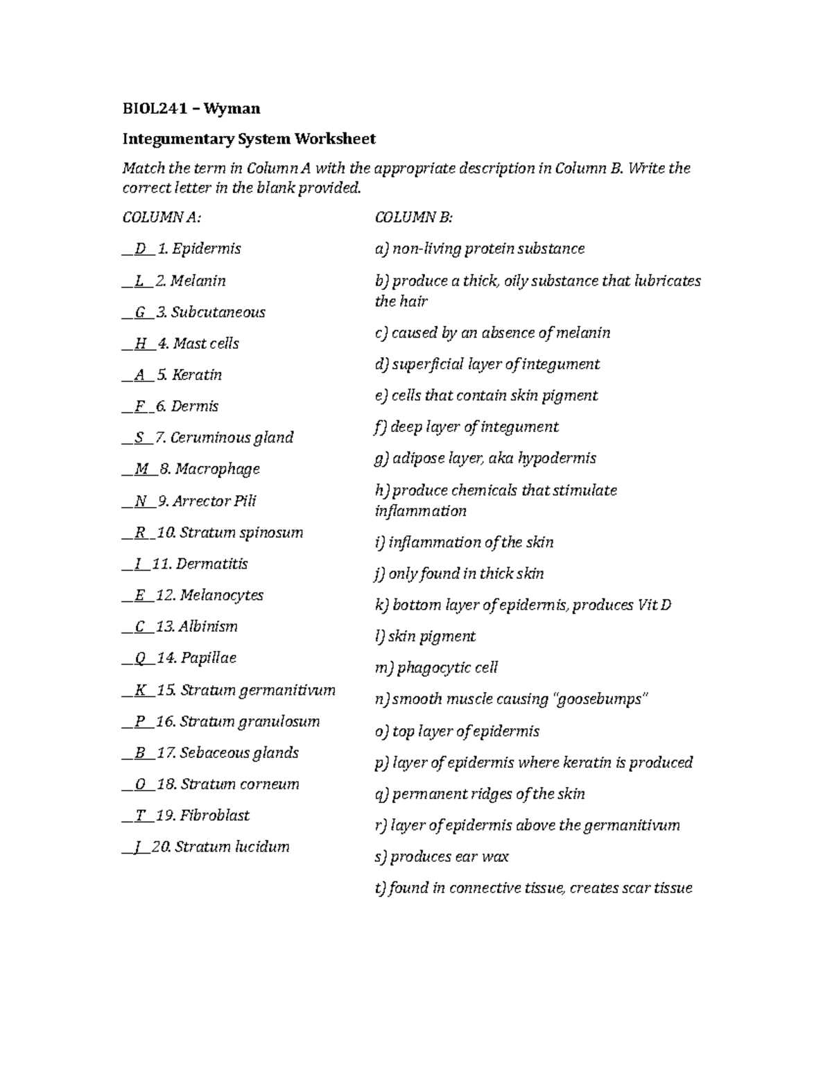 biology unit 9 32.1 the integumentary system answer key