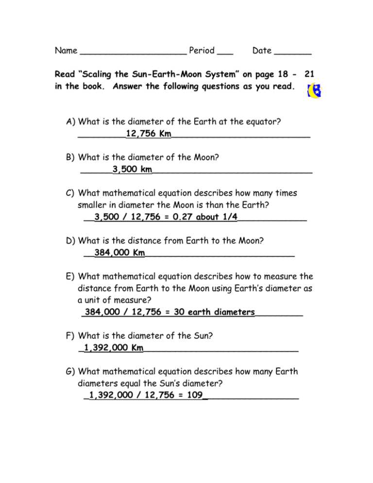 earth moon and sun worksheet answer key