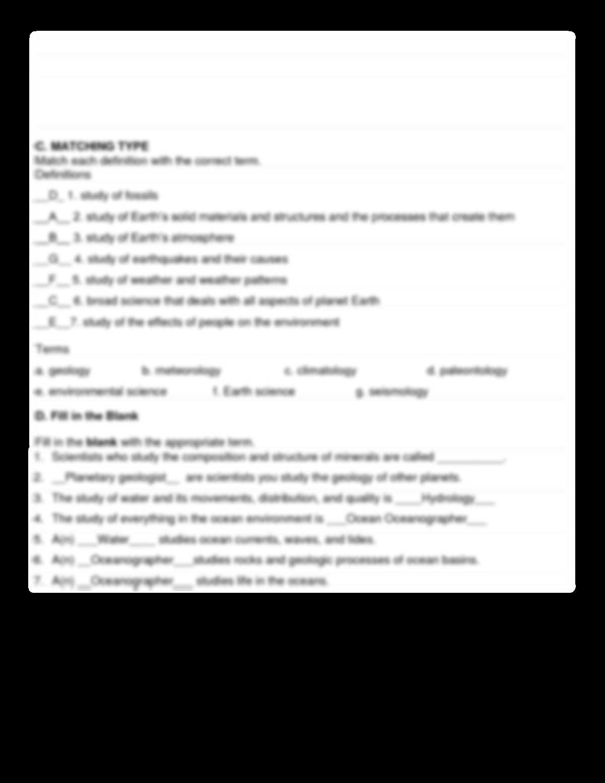 earth science lab answer key