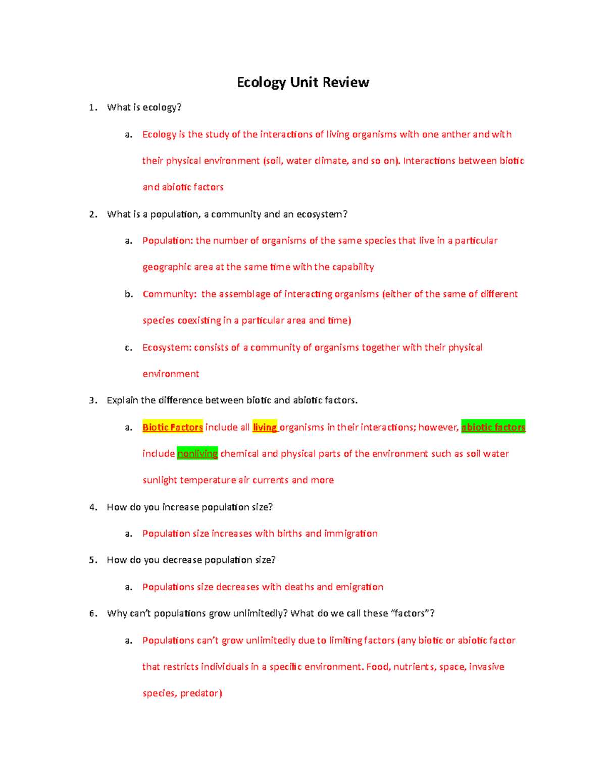 ecology review worksheet 2 answer key