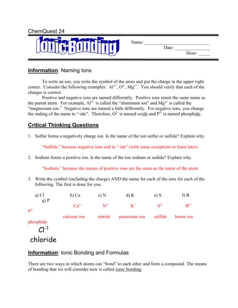 ionic bonds worksheet answer key