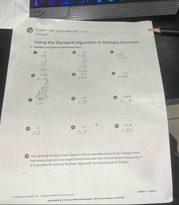 multiply decimals lesson 1.7 answer key