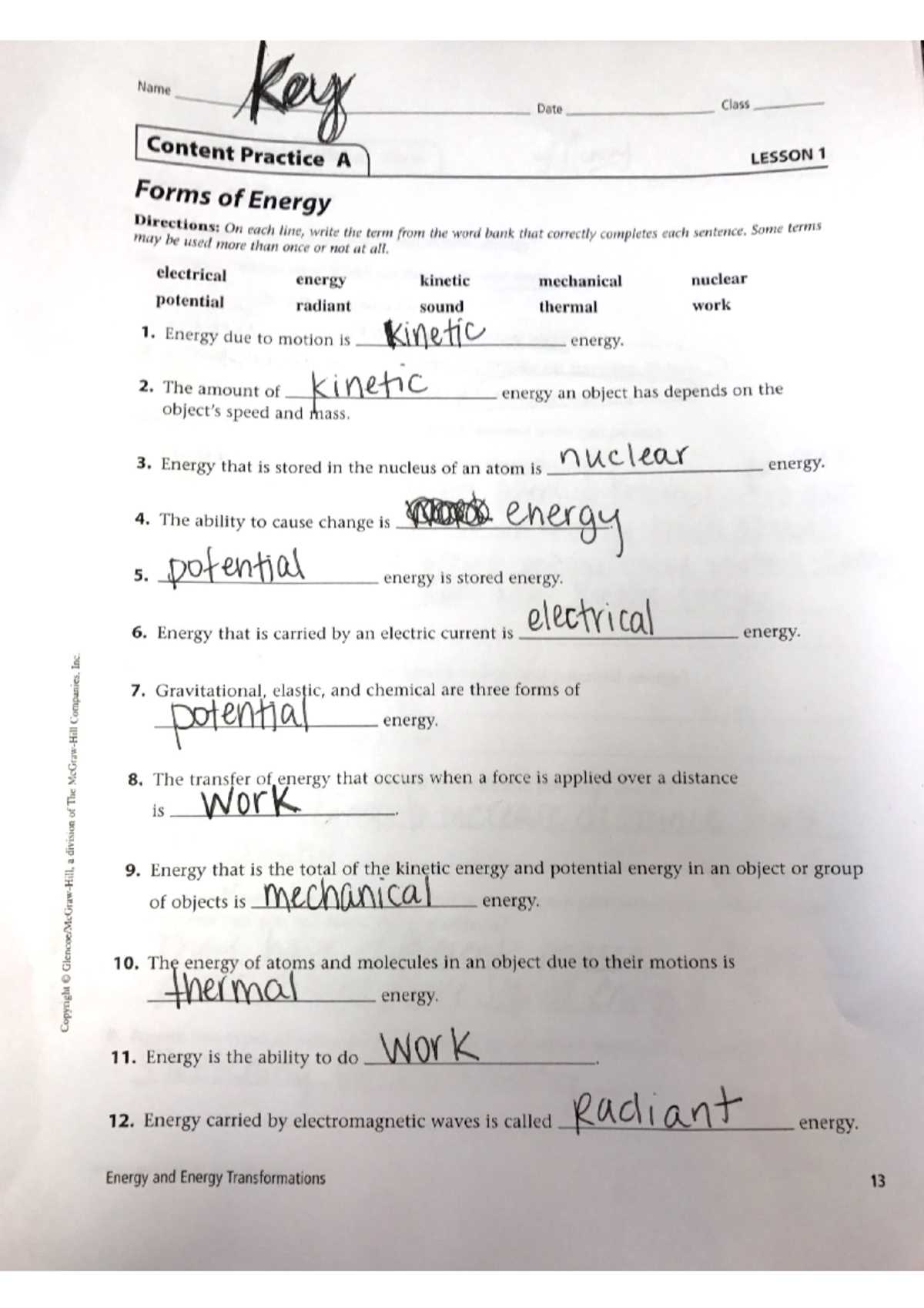 energy transformation worksheet answers key