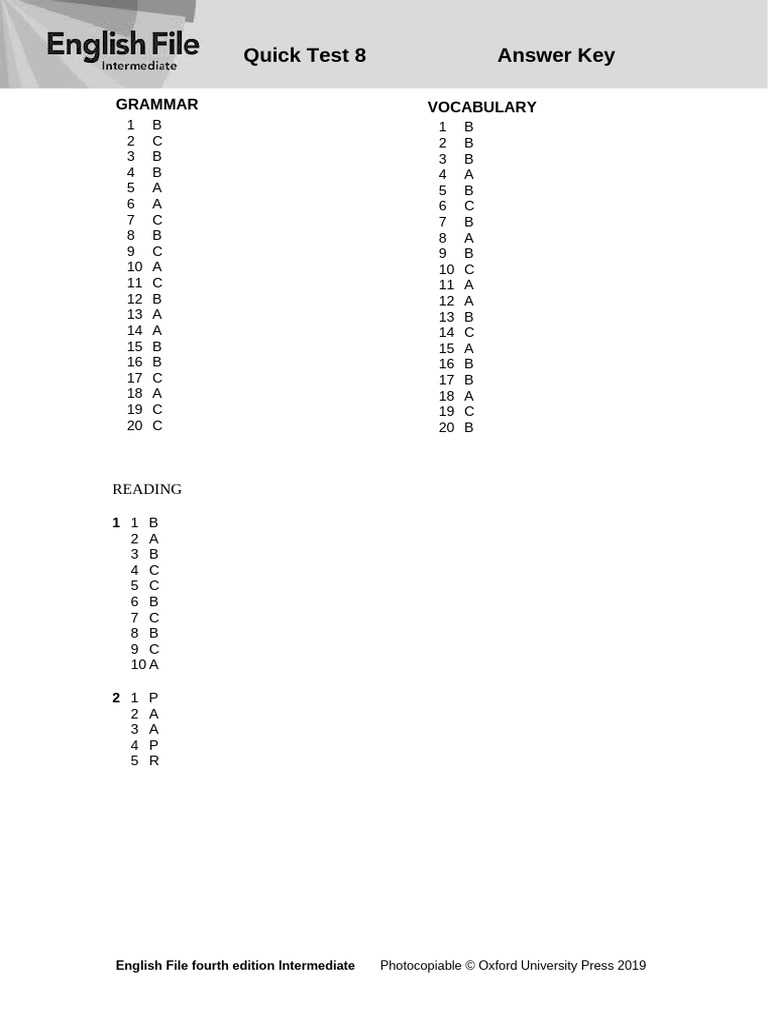 english file intermediate test 8 answer key