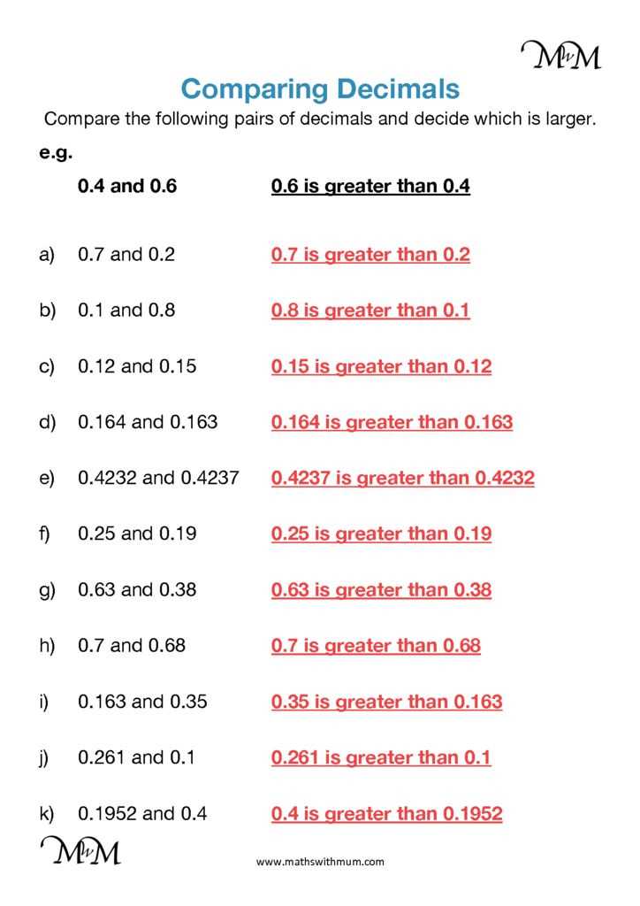 comparing decimals worksheet with answer key