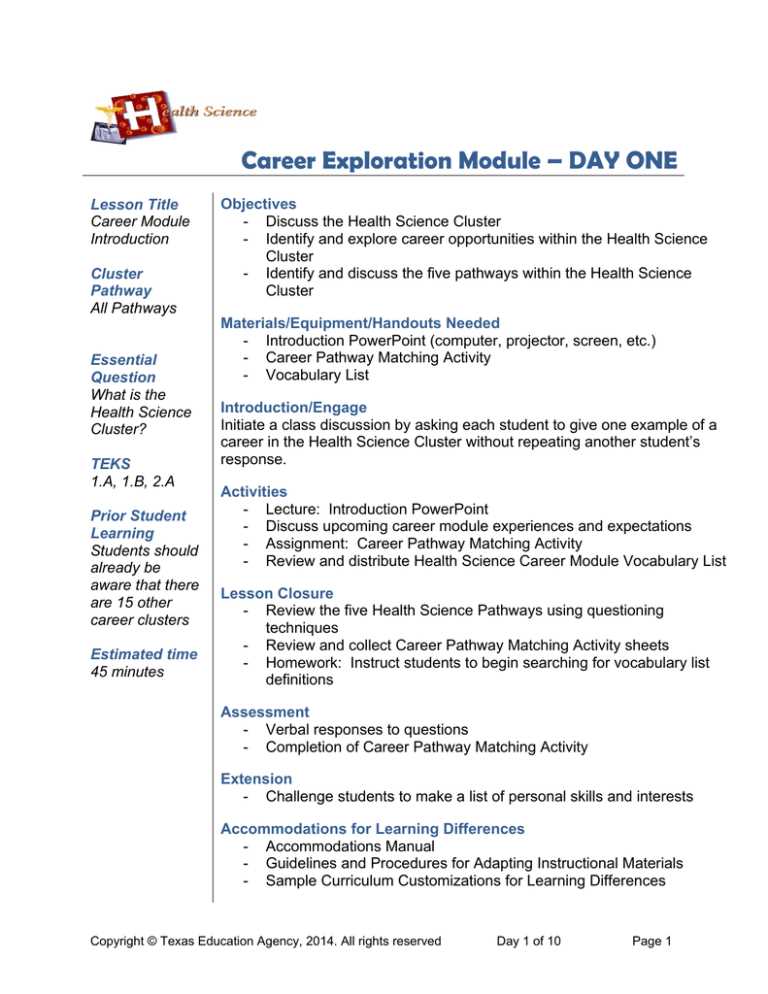 career pathway matching activity answer key health science