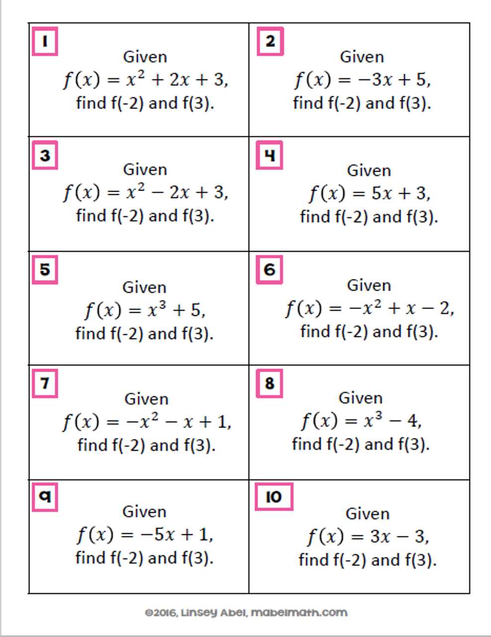 evaluate function table answer key