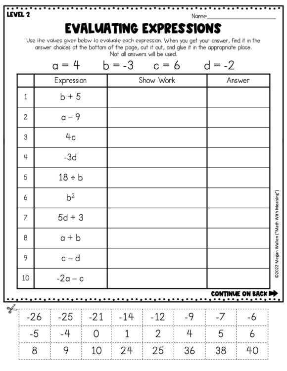 evaluating algebraic expressions answer key