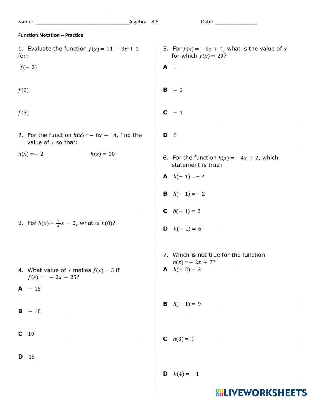 evaluating functions worksheet math 1 unit 3 answer key