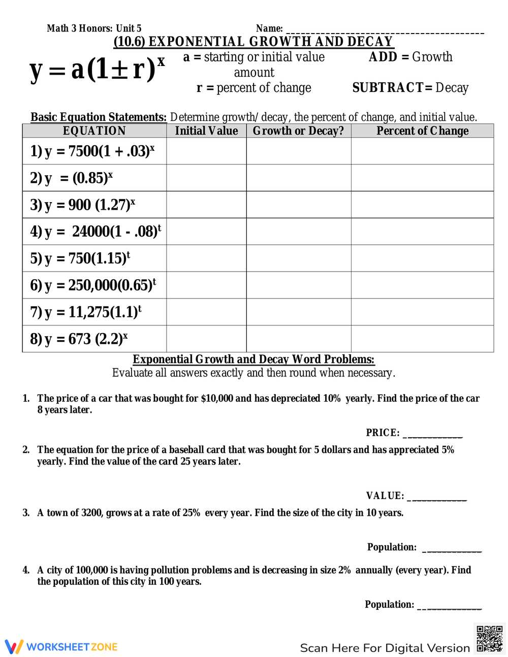 exponential word problems growth and decay answer key