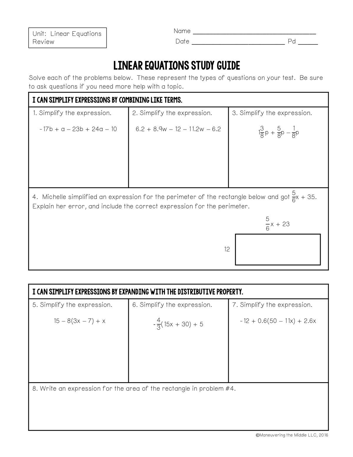 expressions and equations review sheet answer key