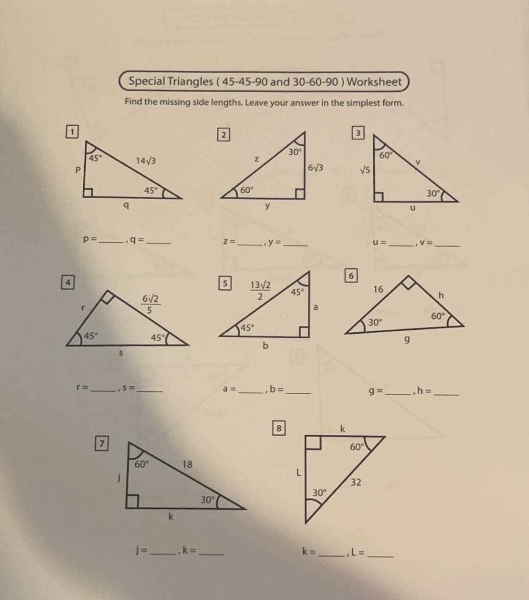 special right triangles 30 60 90 worksheet answers key