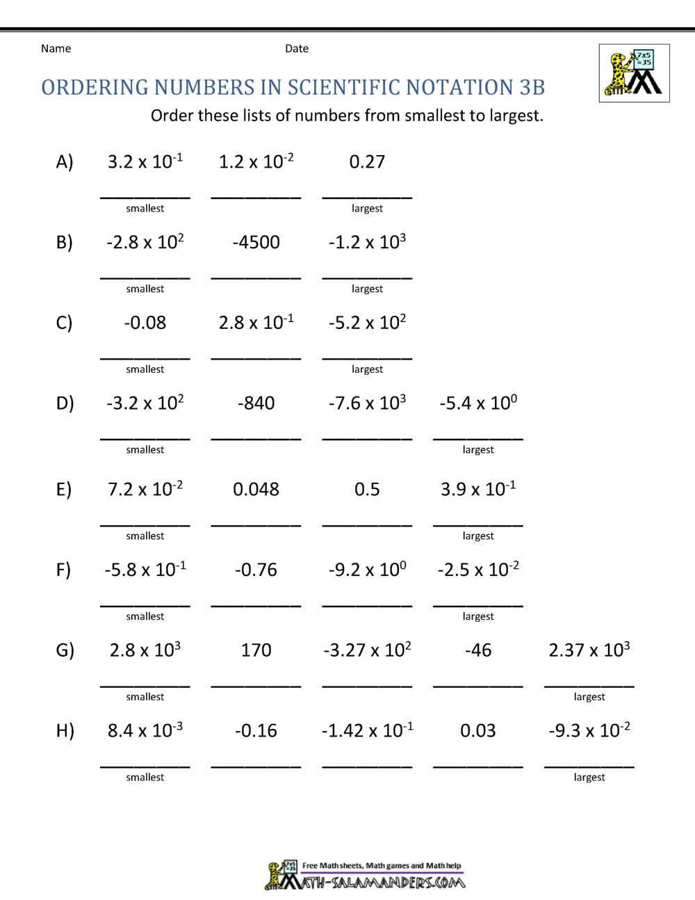 comparing scientific notation worksheet answer key