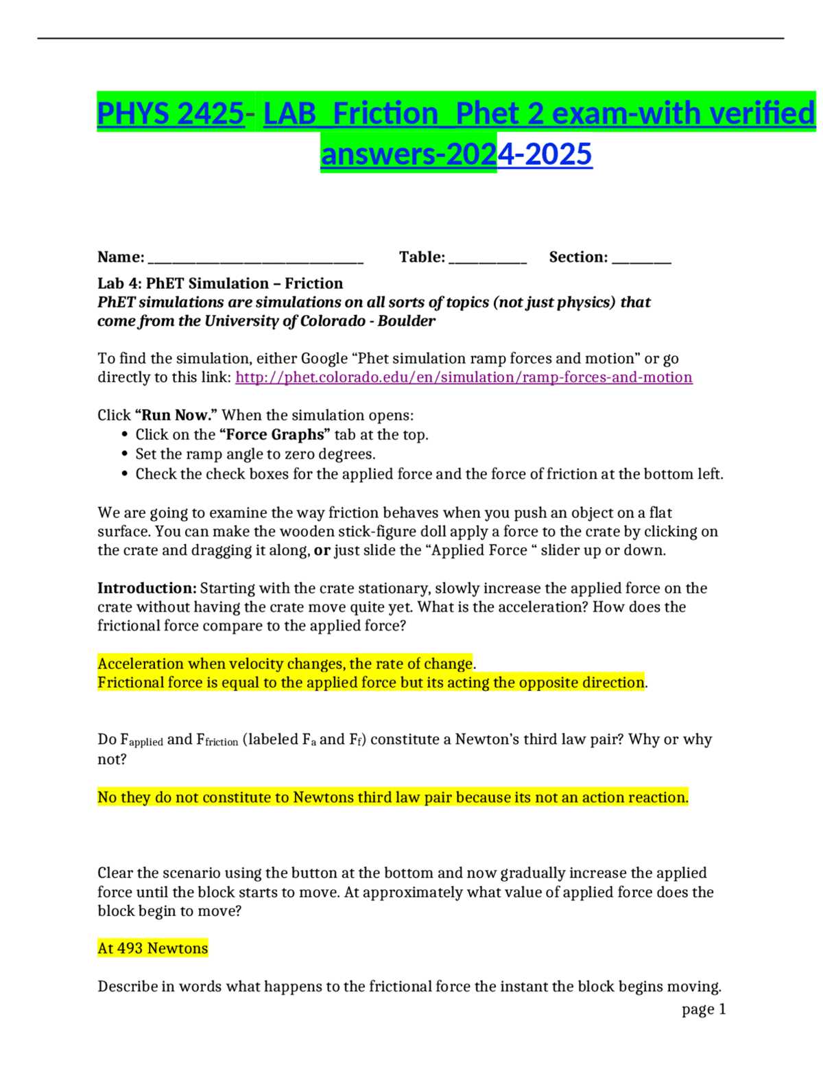 force phet simulation answer key