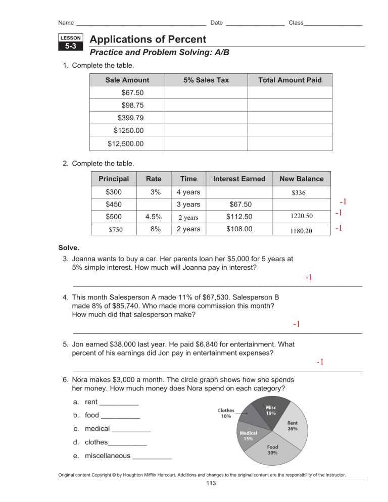 applications of percent worksheet lesson 5 3 answer key