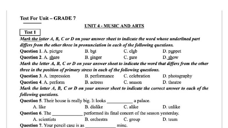 english language arts test grade 7 answer key