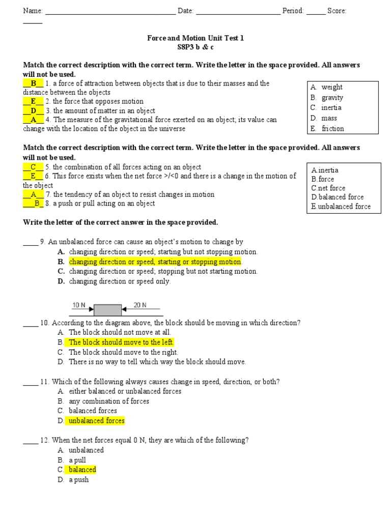 force and motion test answer key force and motion test answer key