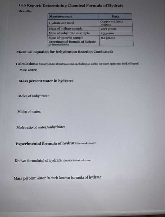 formula of a hydrate lab answer key