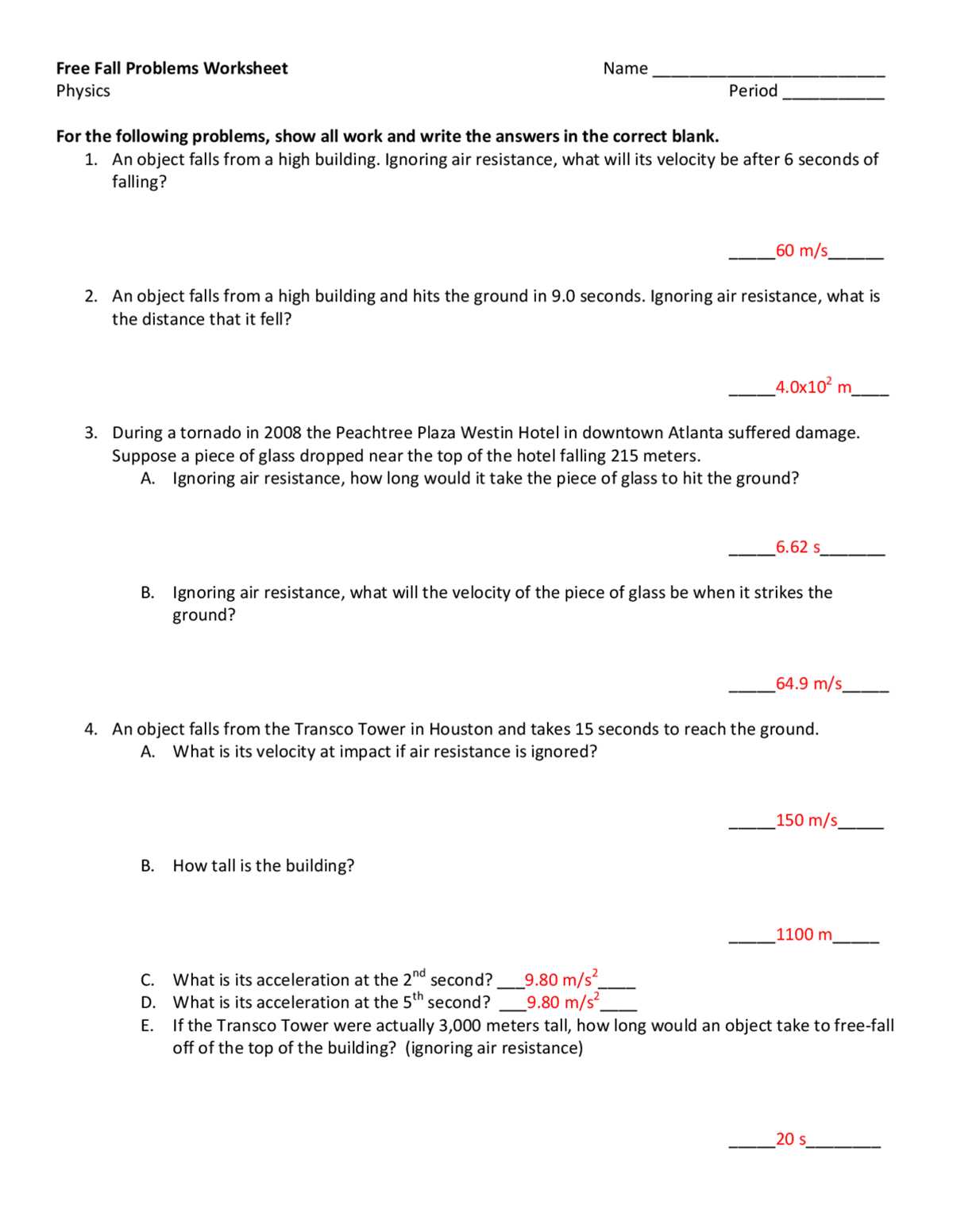 free fall laboratory answer key