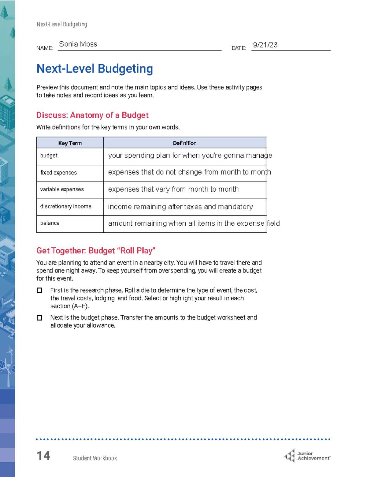 gabrielles budget answer key