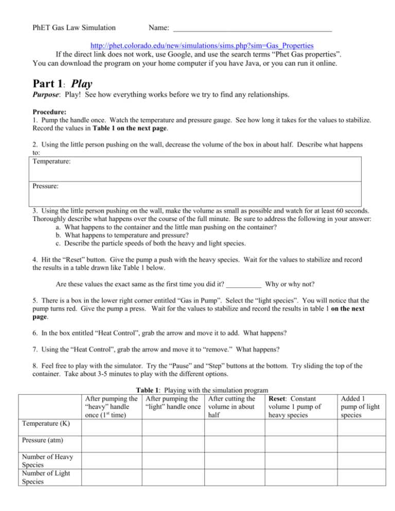 gas laws simulation answer key