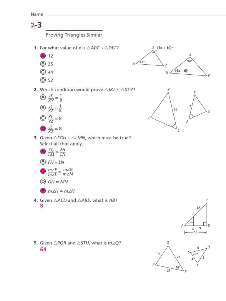 geometry assignment solve for x answer key