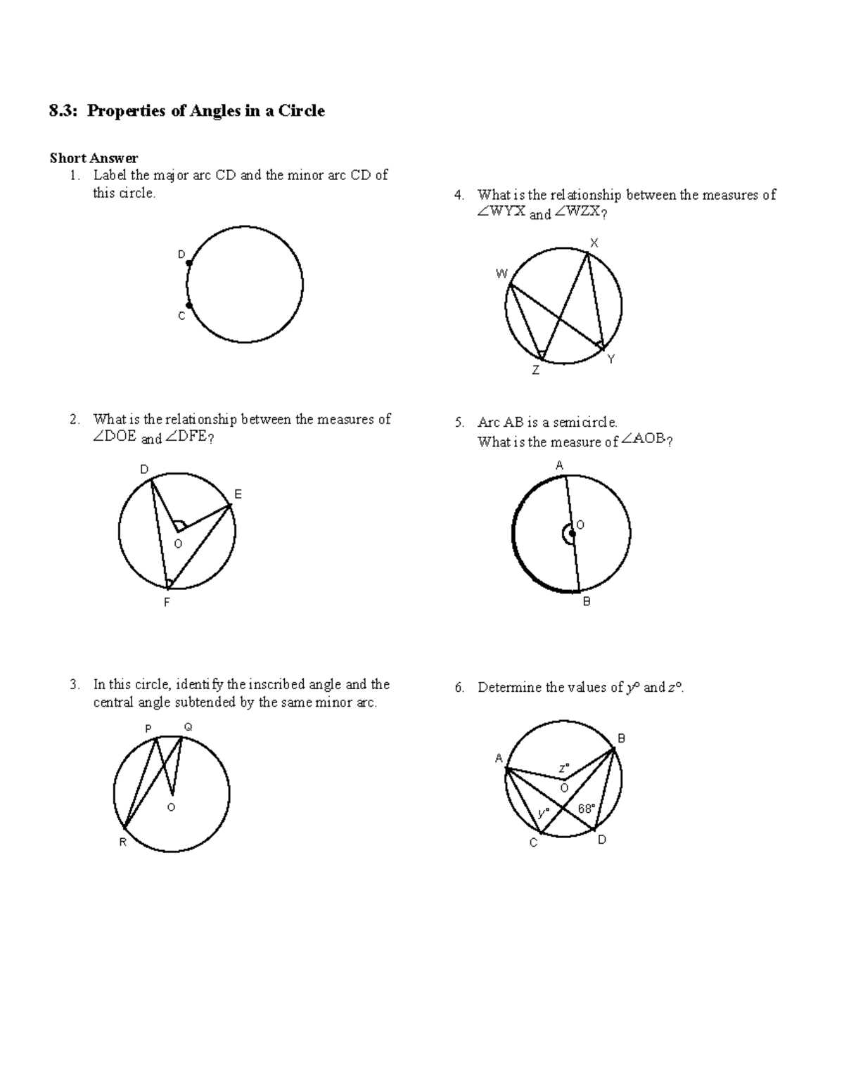 geometry worksheet angles and arcs in a circle answer key