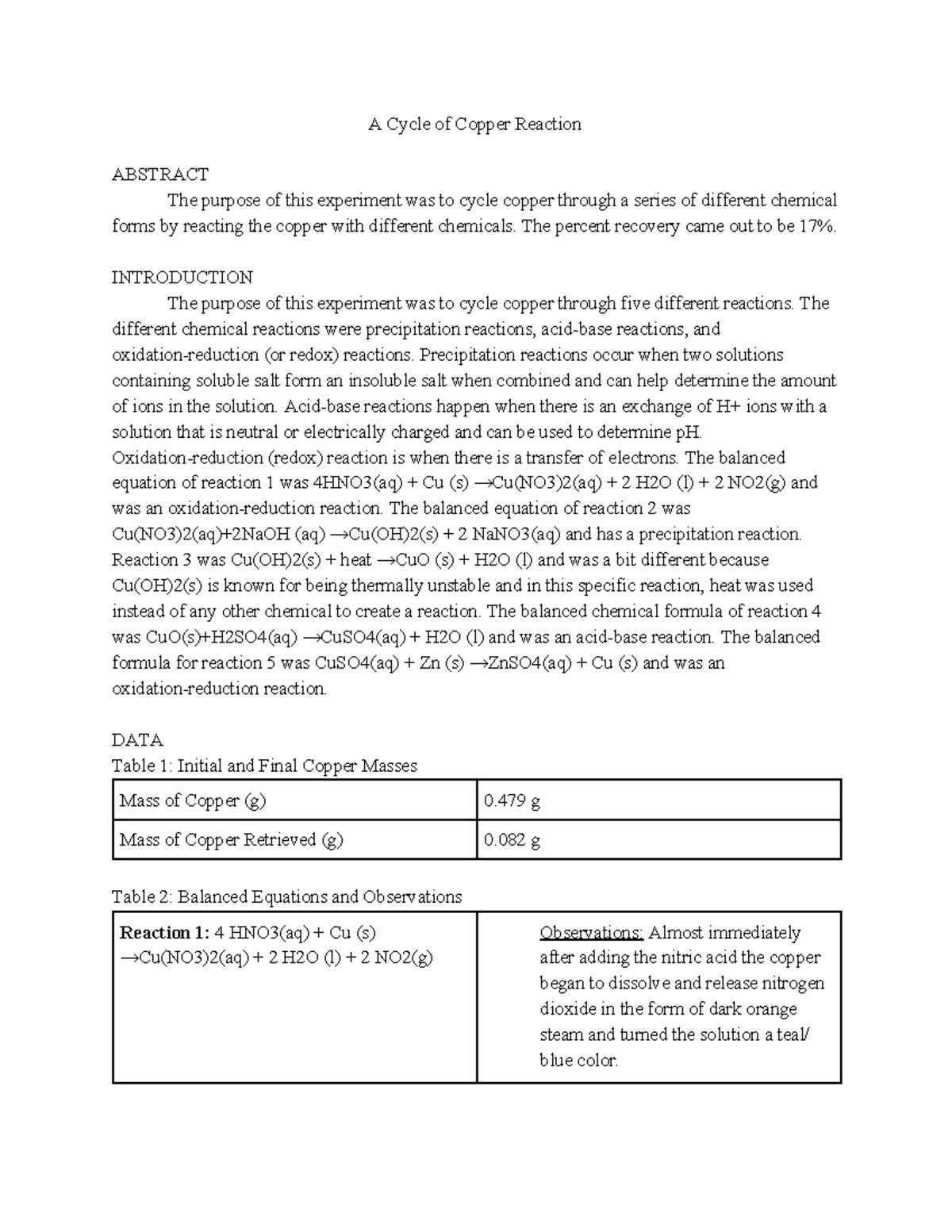 evidence of chemical change lab answer key copper