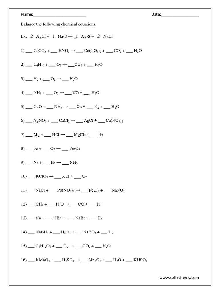 balance the following chemical equations answer key