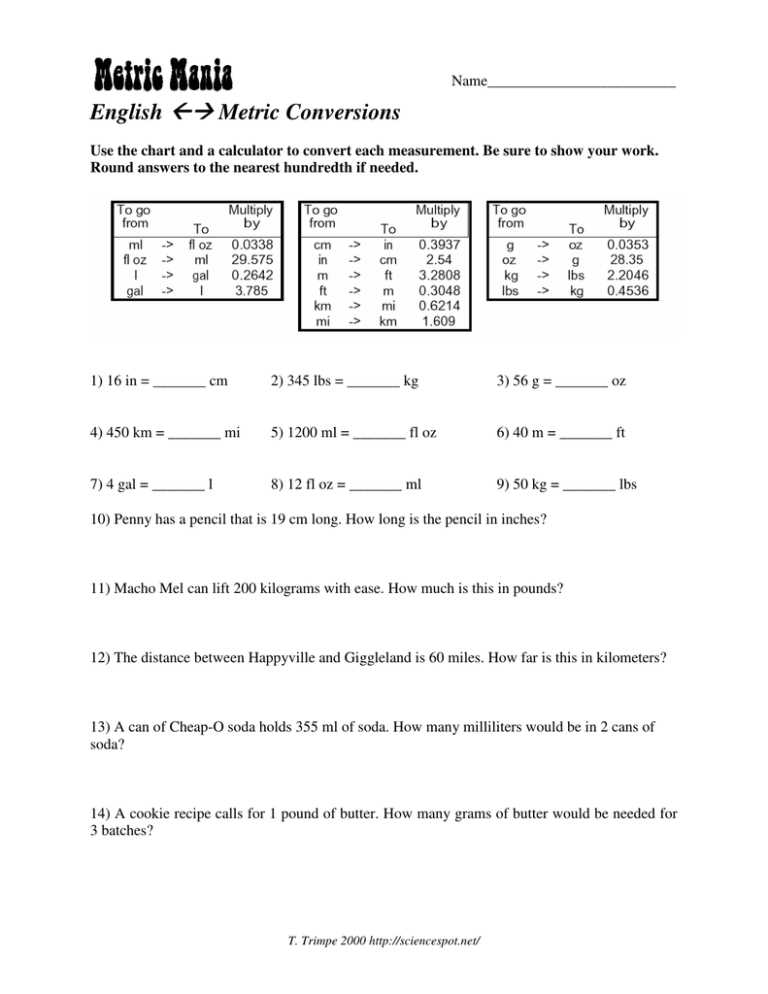 converting english and metric worksheet answers key