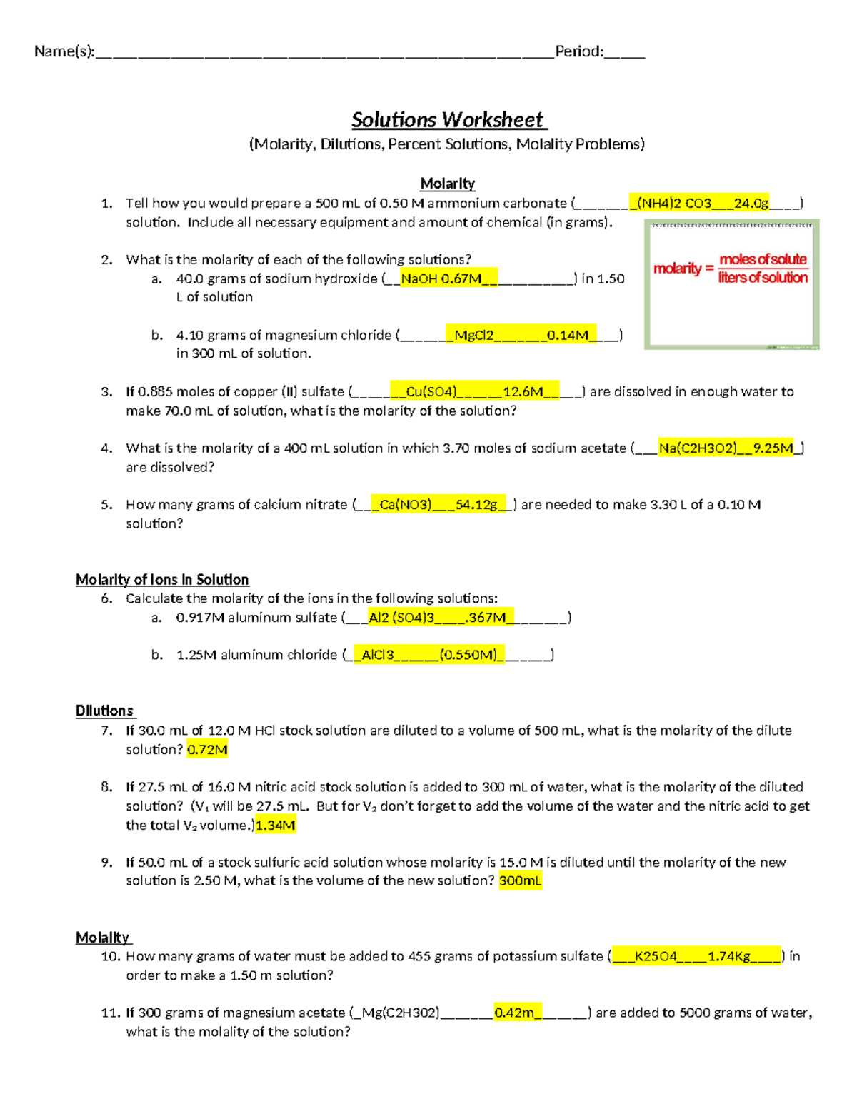 molarity worksheet answer key
