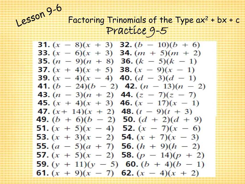 glencoe algebra 1 9 3 answer key factoring trinomials