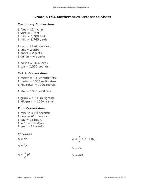 grade 6 fsa mathematics reference sheet answer key