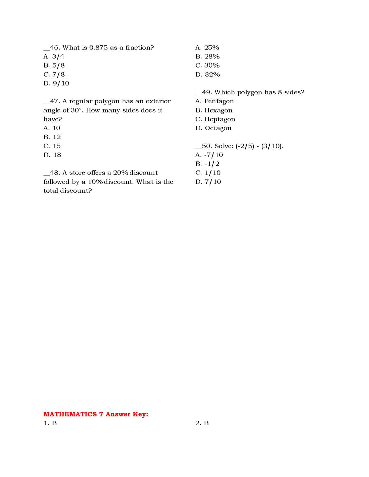 grade 7 mathematics item specifications answer key 2026