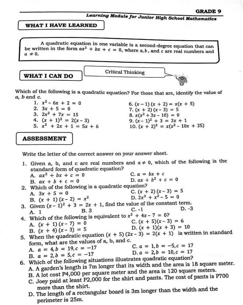 grade 9 math unit 4 answer key